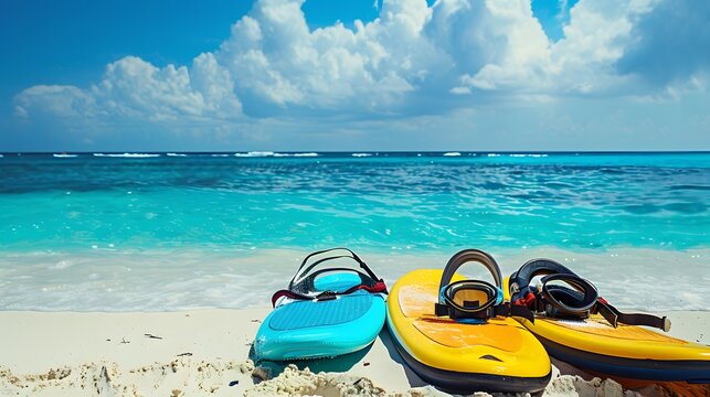 Colorful kneeboards and goggles on a sandy beach with a turquoise ocean and blue sky. Summer adventure concept
