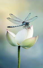 An ultra-realistic photograph of a dragonfly hovering stationary above a blooming lotus flower, captured in light tones with a subtle gradient background. Every detail, from the dragonfly's head to it