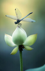 An ultra-realistic photograph of a dragonfly hovering stationary above a blooming lotus flower, captured in light tones with a subtle gradient background. Every detail, from the dragonfly's head to it