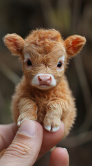 A photorealistic 34K image of a micro baby cow perched delicately on a human finger, capturing the fine details of both the tiny cow and the skin texture of the finger.
