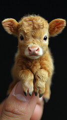 A photorealistic 34K image of a micro baby cow perched delicately on a human finger, capturing the fine details of both the tiny cow and the skin texture of the finger.
