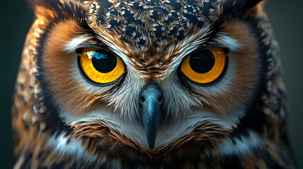 Obraz premium A close-up view of an owl's face, showing its piercing yellow eyes, sharp beak, and intricate feather patterns.