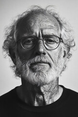 A photorealistic, highly detailed black-and-white art portrait of a man in his 60s, captured with immense detail against a flat white background. 