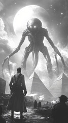A realistic old photo resembling a 19th-century photograph, depicting a giant, bizarre alien with exceptionally long legs towering over pyramids and small, short people in ancient Egypt. The image cap