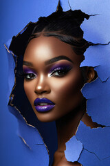 A 3D cinematic front-facing portrait of a beautiful, elegant woman with long hair, featuring a kouign paper cut style. The color palette includes matte burgundy, dark blue, gold, and purple, with the 