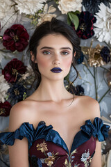 A 3D cinematic front-facing portrait of a beautiful, elegant woman with long hair, featuring a kouign paper cut style. The color palette includes matte burgundy, dark blue, gold, and purple, with the 