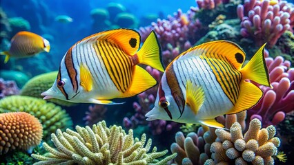 Pair of butterflyfish with distinct patterns, gliding gracefully through a lush underwater garden