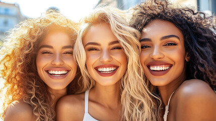 Fototapeta premium Sunny Day Portrait Featuring Three Multiethnic Women with Curly Hair and Golden-Brown Skin, Smiling with Natural Light Enhancing Their Features