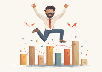 Manager Overcoming Business Challenges, Jumping Over Rising Chart in Minimalistic Style, Vector Illustration Depicting Growth, Success, and Positive Workplace Mindset