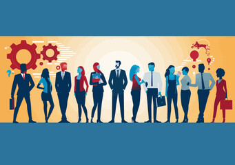Diverse Business Team Collaboration in Minimalistic Vector Illustration - Professional Group Discussion with Gear Icons and Bright Background