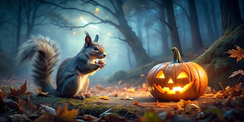 Fototapeta premium Spooky Halloween pumpkin lantern illuminating a terrifying zombie squirrel in a dark autumn night scene