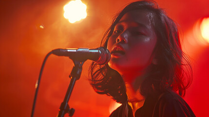 A close-up of the girl's face, lit by stage lights, highlighting her intensity and focus while singing.