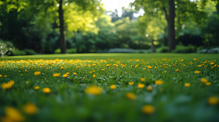 A field of yellow wildflowers in a grassy park, with out-of-focus trees in the background.