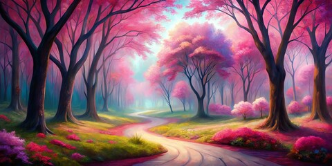 A vibrant painting of a pink forest with whimsical trees and a winding path