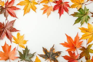 Fototapeta premium Autumn Maple Leaves Flat Lay White Background created with Generative AI