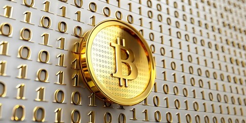 Gold Digital Finance Background - A digital grid with golden binary code, representing modern finance and cryptocurrency.
