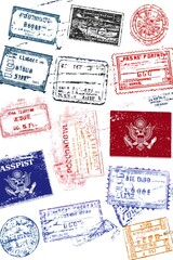Fototapeta premium Grunge Passport Stamps Collection Travel Immigration USA Europe