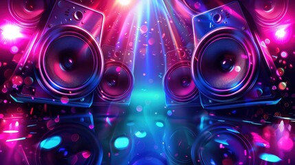 Close up of multiple audio speakers with glowing light behind them.