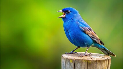 Vibrant indigo bunting bird singing melodiously on a rustic wooden perch