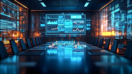 Futuristic Conference Room with Data Screens