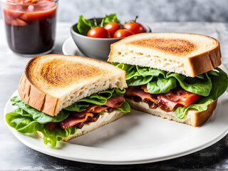 A BLT sandwich with bacon, lettuce and tomato sits on a white plate next to a bowl of  cheese, AI, KOREA FOOD