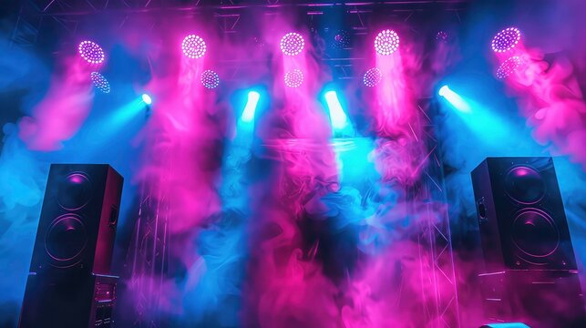 Concert stage with speakers, lights, and smoke.