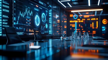 Fototapeta premium Futuristic Conference Room with Data Visualization Screens