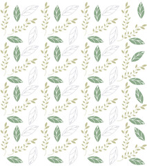 Set of leaves seamless repeat pattern. Random placed, vector botany elements hand drawn all over surface print on sage green and beige background