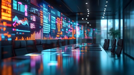 Futuristic Conference Room with Data Visualization Screens