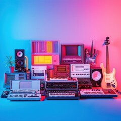 Retro Synth and Guitar Studio Setup in Neon Blue and Pink Lighting