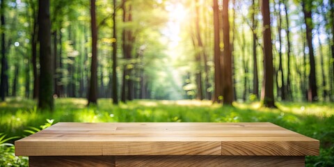 Empty wooden tabletop podium set in a serene garden open forest