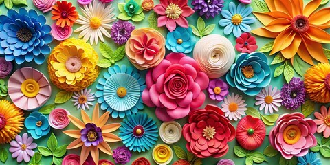 Vibrant floral background with paper flowers in a wide panorama