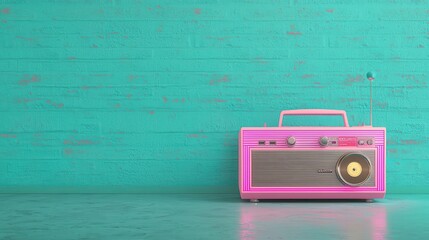 Obraz premium Retro Pink Radio on Turquoise Wooden Background