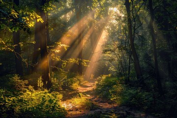 Fototapeta premium A sunny day in a dense forest with sunlight filtering through the trees