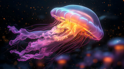 Fototapeta premium A glowing jellyfish with a pink and orange bell swims in a dark, starry sea.
