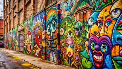 Fototapeta premium Graffiti drawings on an old wall with multicolored background, showcasing street art culture