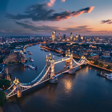 Aerial view of the illuminated tower bridge and skyline of london at sunset with dramatic sky