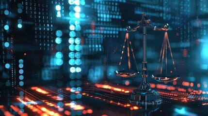 A shiny, metallic scale of justice sits on a dark background with bright bokeh lights reflecting off the scales.