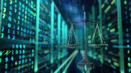 Justice Scale in Abstract Server Room.