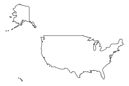 Vector map of United States of America, a country in North America. Detailed black contour, isolated on white background.