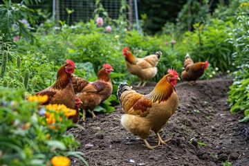 Group of chickens roaming freely in a lush garden