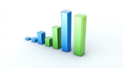 A 3D bar graph with blue and green bars rising against a white background, representing business growth
