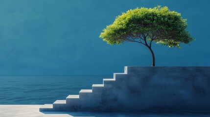 A solitary tree on a raised platform by the sea, with steps leading up to it, representing tranquility, nature, and ascension.
