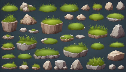 grass stones platforms 2d game design elements on isolated background grass and stones podium assets  