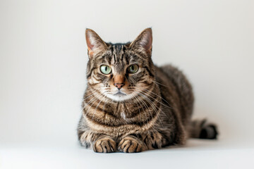 A cat is laying on a white surface with its eyes open