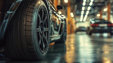 Close-up of a luxury car wheel in a garage, showcasing the sleek design and high-performance tire in a modern automotive environment.