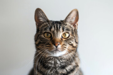 A cat with a yellowish green eye stares at the camera