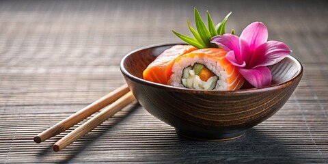Fototapeta premium A bowl of sushi with a delicate flower on the side