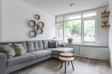 Fototapeta premium A small, cozy living room in with white walls and a light grey wooden floor. The gray sofa has two decorative hexagonal shelves on the wall above it. 