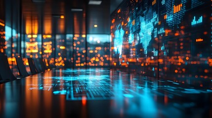 Futuristic Conference Room with World Map Data Display